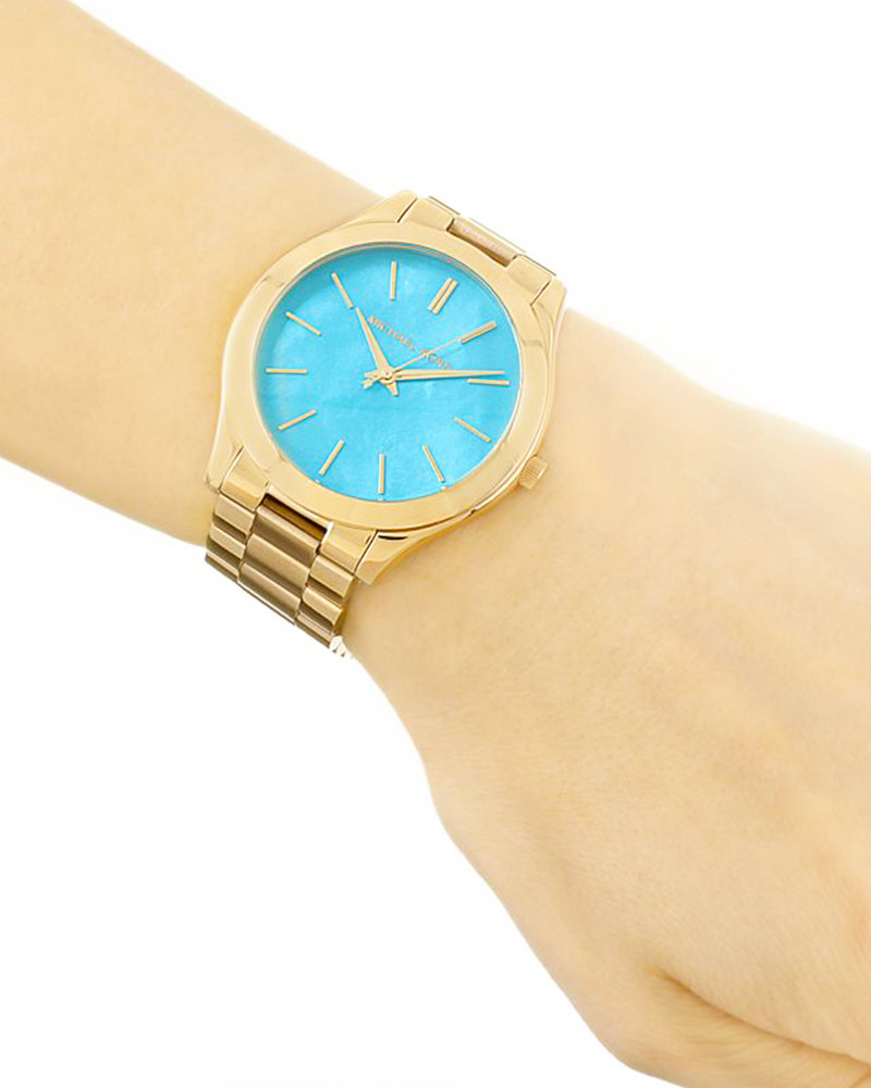 Michael Kors Slim Runway Blue Mother of Pearl Dial Gold Steel Strap Watch for Women - MK3492