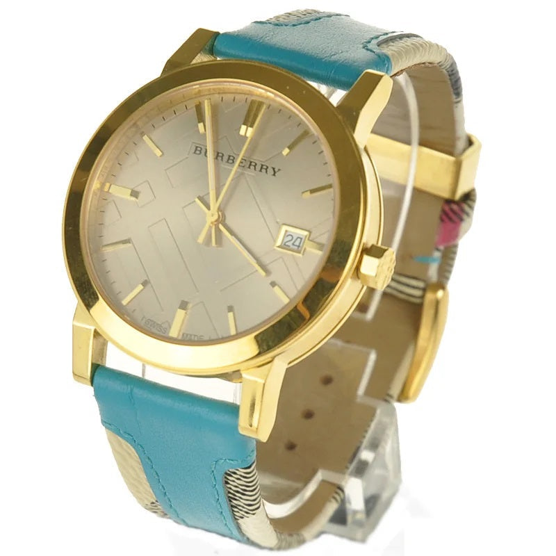 Burberry The City Gold Dial Turquoise Leather Strap Watch for Women - BU9018