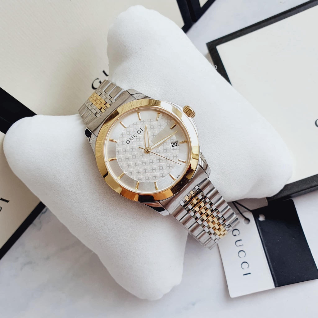 Gucci G Timeless Quartz Silver Dial Two Tone Mesh Bracelet Watch For Men - YA126409