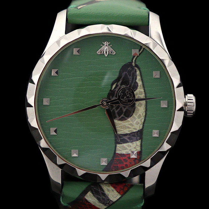 Gucci G Timeless Le Marche Des Merveilles Kingsnake Green Dial Green Leather Strap Unisex Watch - YA1264081