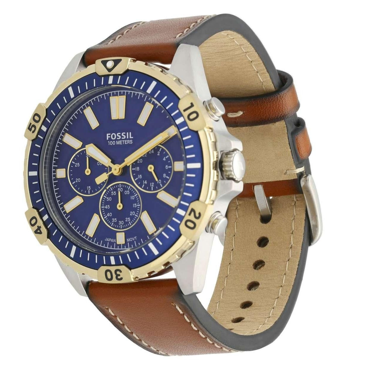 Fossil Garrett Chronograph Blue Dial Brown Leather Strap Watch for Men - FS5625
