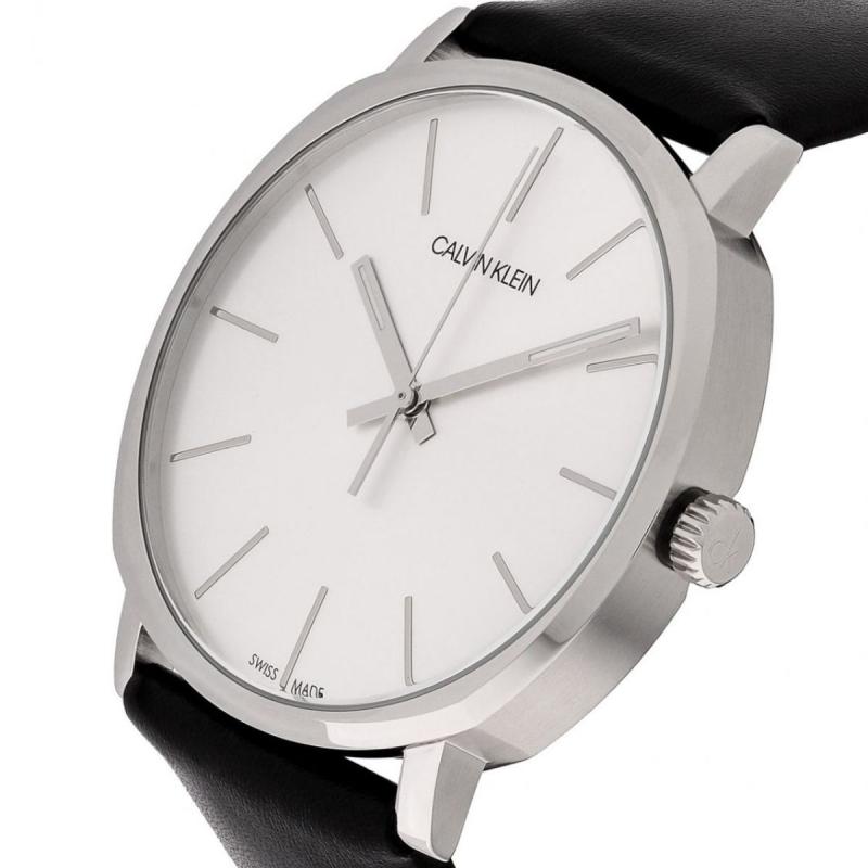 Calvin Klein Posh Silver Dial Black Leather Strap Watch for Men - K8Q311C6