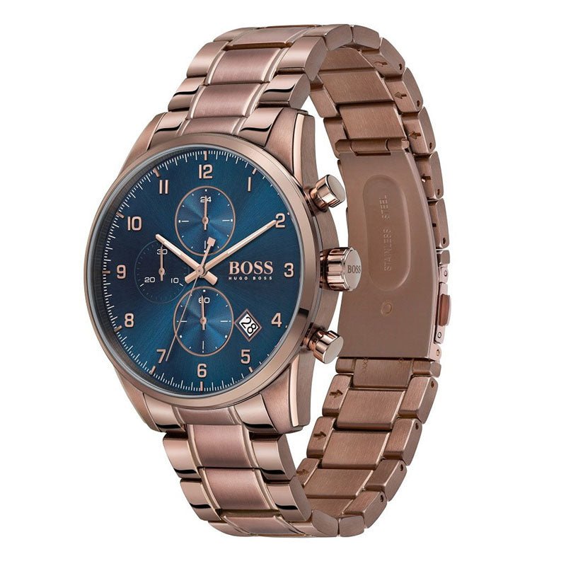 Hugo Boss Skymaster Chronograph Blue Dial Brown Steel Strap Watch for Men - 1513788