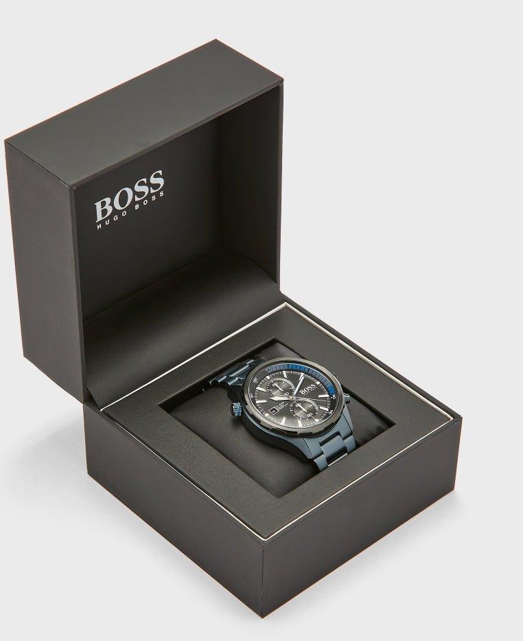 Hugo Boss Globetrotter Chronograph Black Dial Blue Steel Strap Watch for Men - 1513824