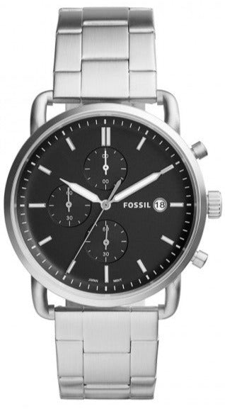 Fossil The Commuter Chronograph Black Dial Silver Steel Strap Watch for Men - FS5399