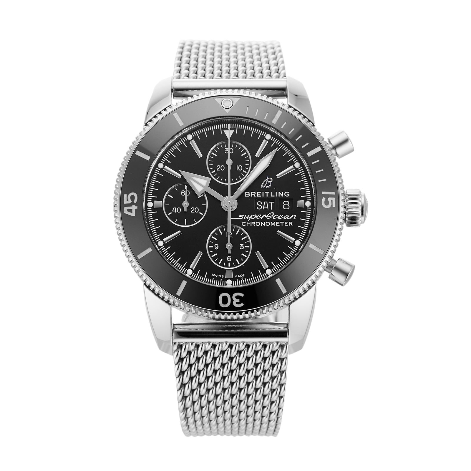 Breitling Superocean Heritage Chronograph 44 Black Dial Silver Mesh Bracelet Watch for Men - A13313121B1A1