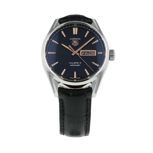 Tag Heuer Carrera Calibre 5 Automatic 41mm Black Dial Black Leather Strap Watch for Men - WAR201C.FC6266