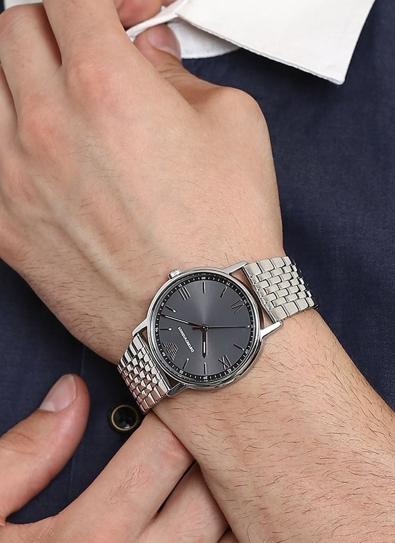 Emporio Armani Kappa Quartz Grey Dial Silver Mesh Bracelet Watch For Men - AR11068