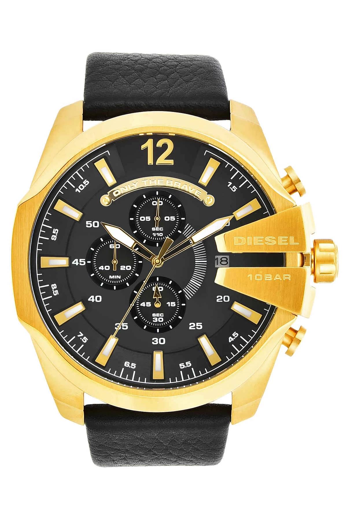 Diesel Mega Chief Gold & Black Dial Black Leather Strap Watch For Men - DZ4344