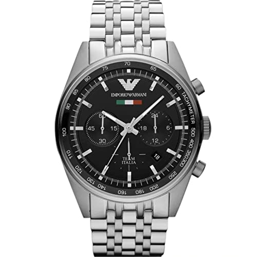 Emporio Armani Tazio Chronograph Team Italia Black Dial Silver Steel Strap Watch For Men - AR5983