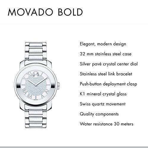 Movado Bold Crystal Pave Silver Dial Silver Steel Strap Watch for Women - 3600254