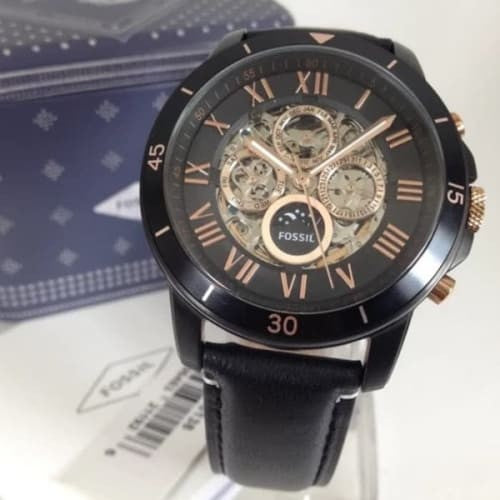 Fossil Grant Sport Automatic Skeleton Black Dial Black Leather Strap Watch for Men - ME3138