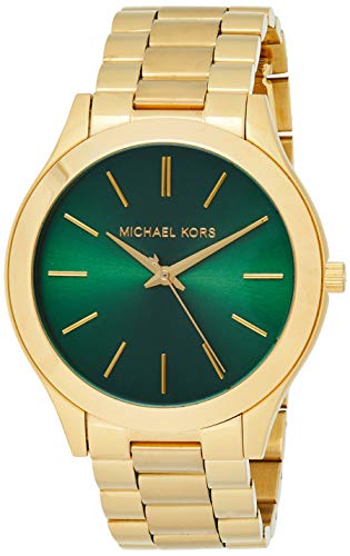 Michael Kors Slim Runway Green Dial Gold Steel Strap Watch for Women - MK3435