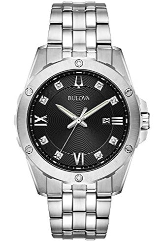 Bulova Diamond Accent Black Dial Silver Steel Strap Watch for Men - 96K106