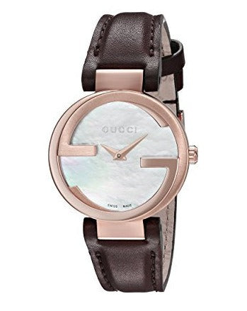 Gucci Interlocking Mother of Pearl Dial Brown Leather Strap Watch For Women - YA133516