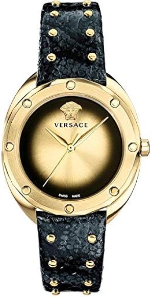 Versace Shadov Quartz Gold Dial Black Leather Strap Watch for Women - VEBM00318