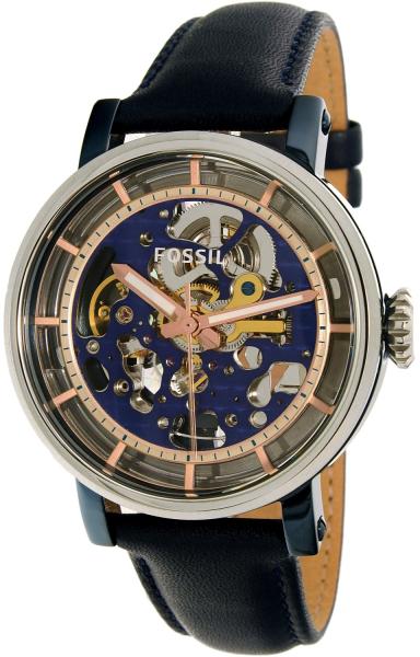 Fossil Boyfriend Skeleton Silver Dial Blue Leather Strap Watch for Women - ME3136