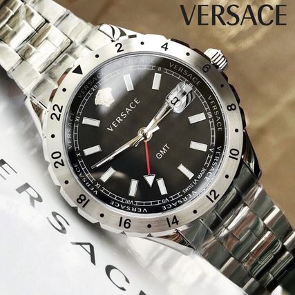 Versace Hellenyium GMT Black Dial Silver Steel Strap Watch for Men - V11020015