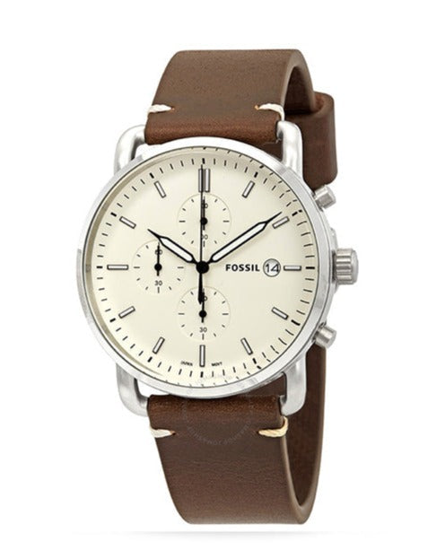 Fossil The Commuter Chronograph White Dial Brown Leather Strap Watch for Men - FS5402