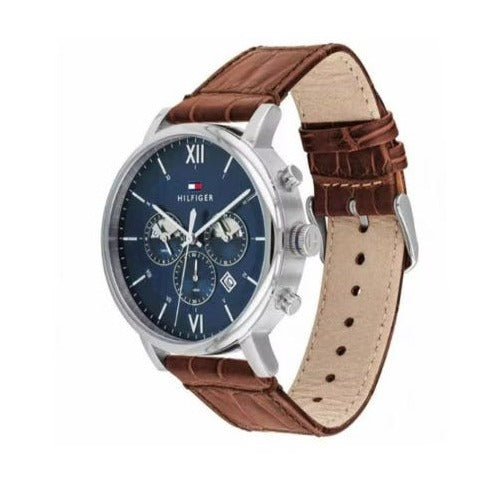 Tommy Hilfiger Evan Chronograph Blue Dial Brown Leather Strap Watch for Men - 1710393