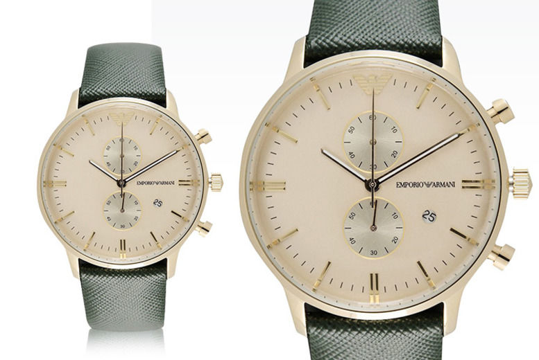 Emporio Armani Gianni Chronograph Champagne Dial Green Leather Strap Watch For Men - AR1722