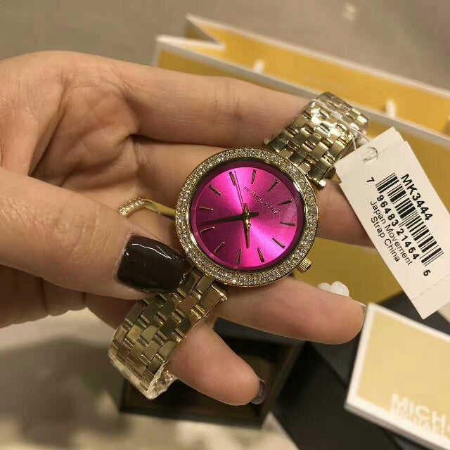 Michael Kors Darci Fuchsia Dial Gold Steel Strap Watch for Women - MK3444