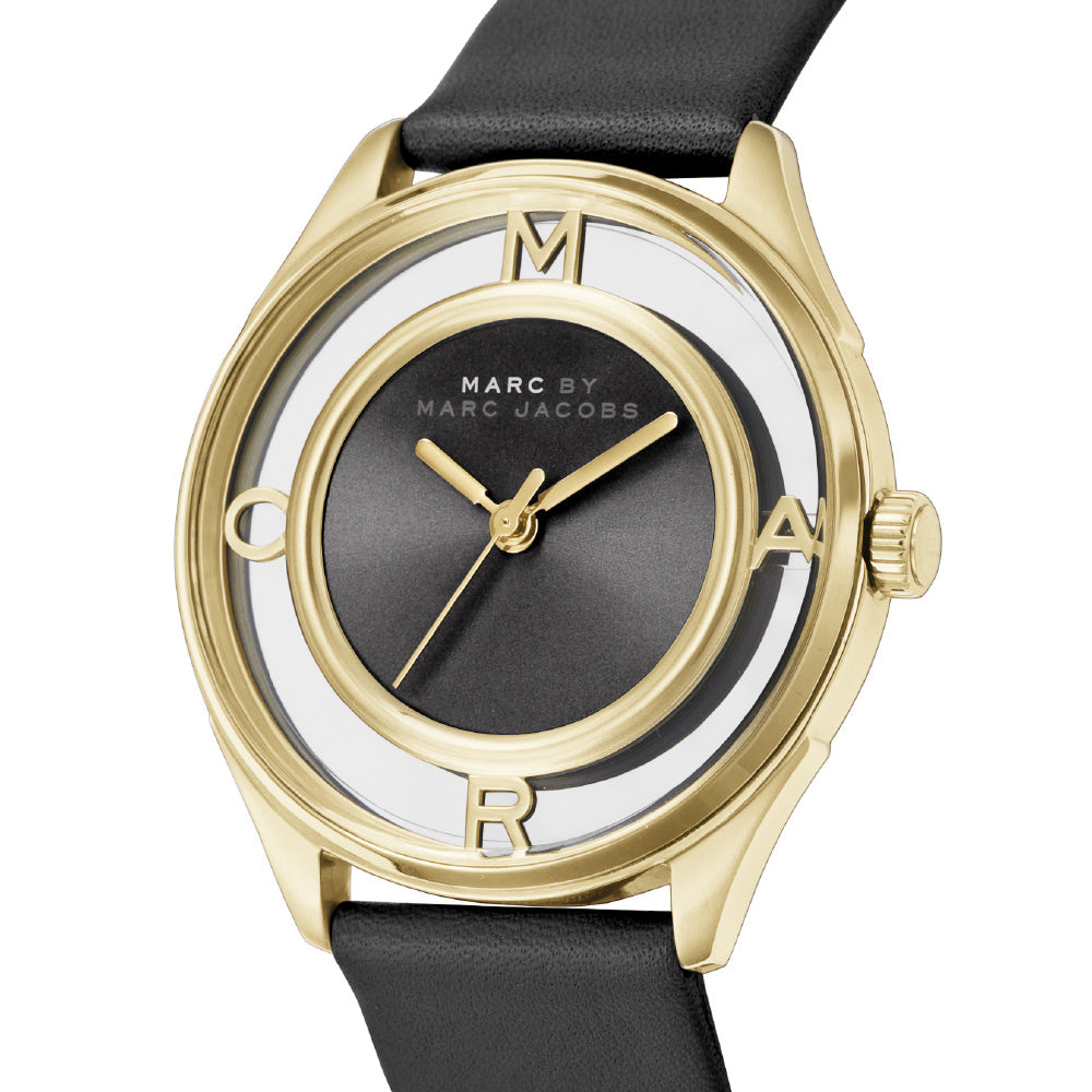 Marc Jacobs Tether Black Dial Black Leather Strap Watch for Women - MBM1376