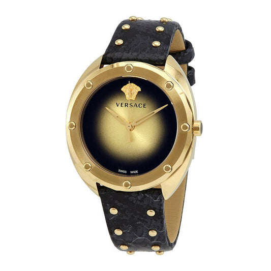 Versace Shadov Gold Dial Green Leather Strap Watch For Women - VEBM01018