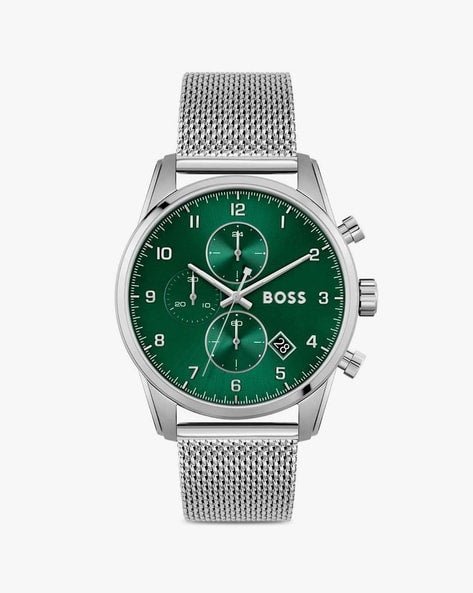 Hugo Boss Skymaster Green Dial Silver Mesh Bracelet Watch for Men - 1513938