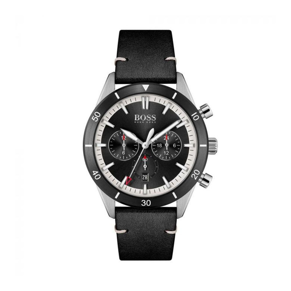 Hugo Boss Chronograph Black Dial Black Leather Strap Watch for Men - 1513864