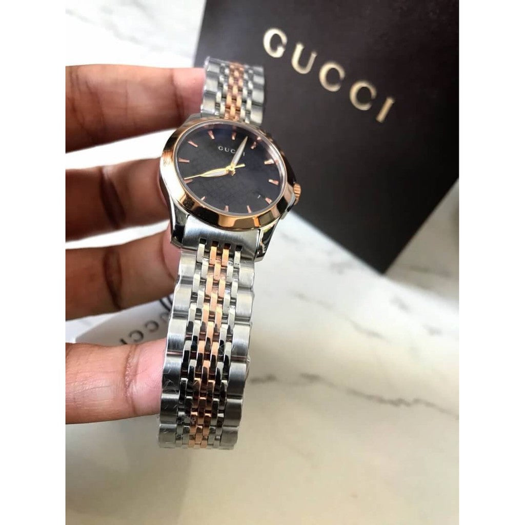 Gucci G Timeless Quartz Black Dial Two Tone Mesh Bracelet Watch For Women - YA126512