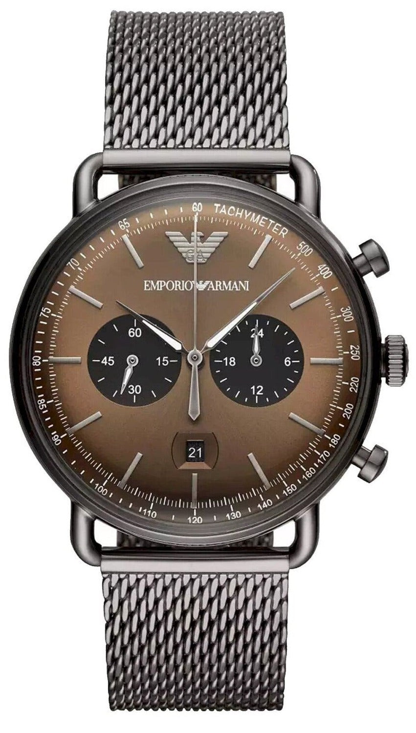 Emporio Armani Aviator Brown Dial Grey Mesh Bracelet Watch For Men - AR11141