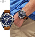 Fossil Nate Chronograph Blue Dial Brown Leather Strap Watch for Men - JR1504