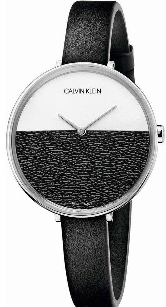 Calvin Klein Rise White Grey Dial Black Leather Strap Watch for Women - K7A231C3