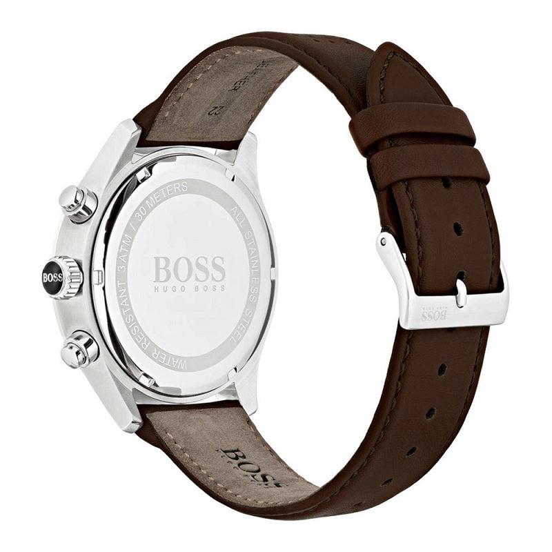 Hugo Boss Grand Prix Chronograph Grey Dial Brown Leather Strap Watch for Men - 1513476