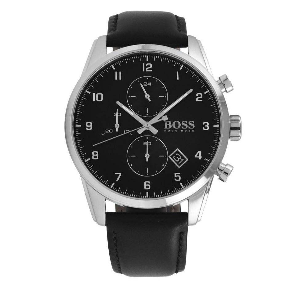 Hugo Boss Skymaster Chronograph Black Dial Black Leather Strap Watch for Men - 1513782