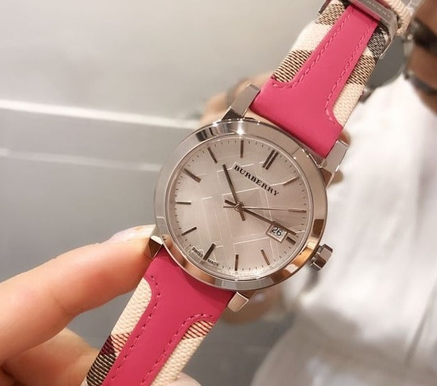 Burberry The City White Dial Pink Haymarket Leather Strap Watch for Women - BU9149