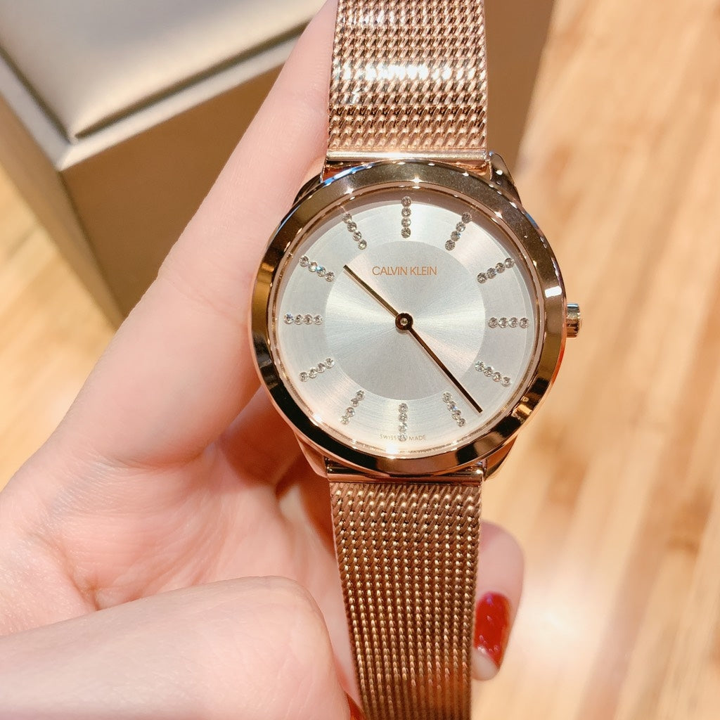 Calvin Klein Minimal White Dial Rose Gold Mesh Bracelet Watch for Women - K3M22Y2X