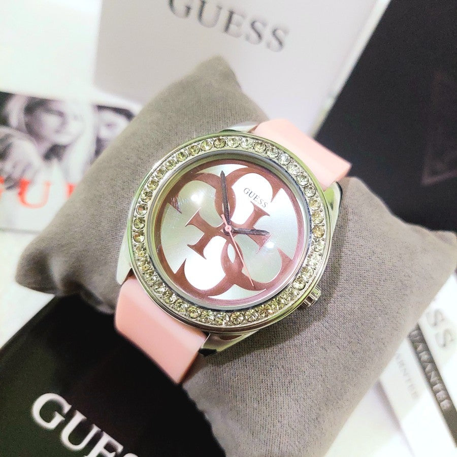 Guess G-Twist Diamonds Silver Dial Pink Rubber Strap Watch for Women - W1240L1