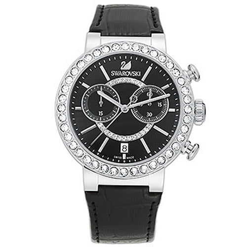 Swarovski Citra Sphere Chronograph Black Dial Black Leather Strap Watch for Women - 5027131