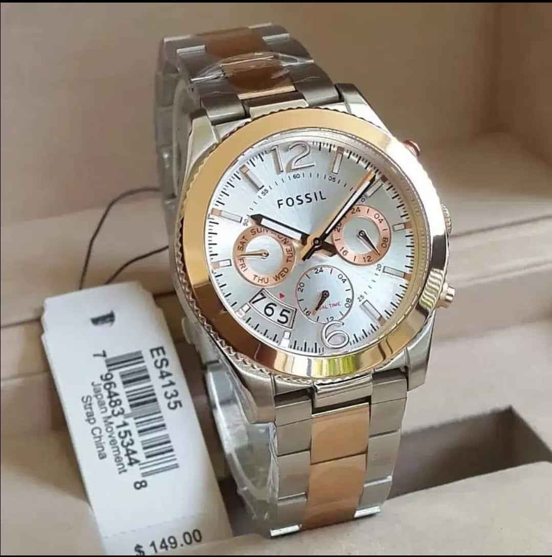 Fossil Perfect Boyfriend Mother of Pearl White Dial Two Tone Steel Strap Watch for Women - ES4135
