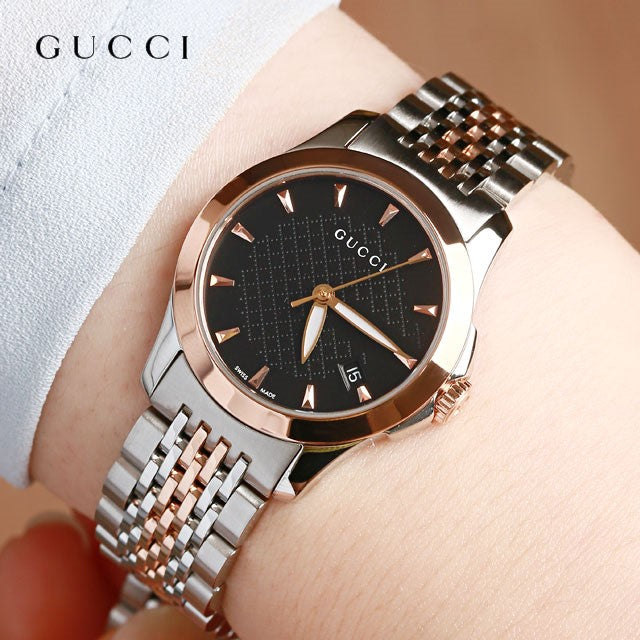 Gucci G Timeless Quartz Black Dial Two Tone Mesh Bracelet Watch For Women - YA126512