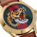 Gucci Le Marché Des Merveilles Tiger Green Red Dial Brown Leather Strap Unisex Watch - YA126497