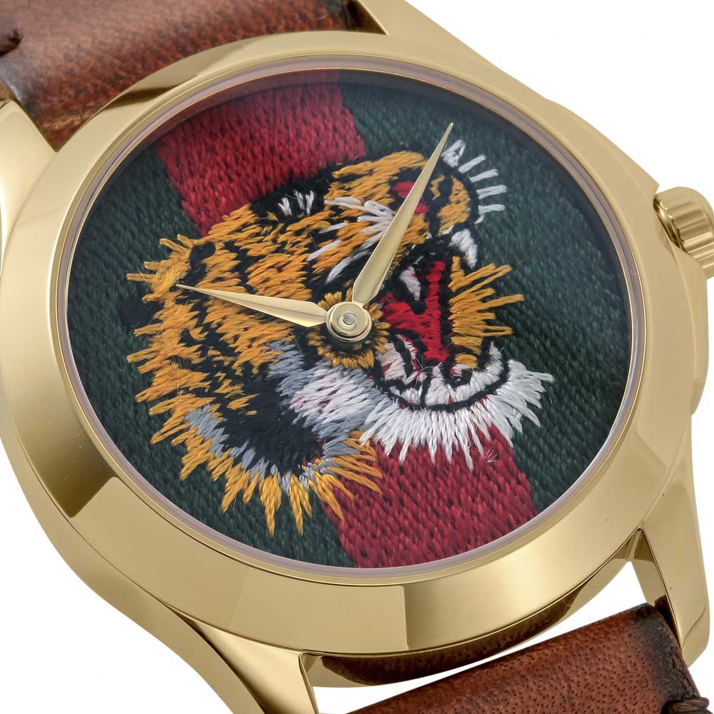 Gucci Le Marché Des Merveilles Tiger Green Red Dial Brown Leather Strap Unisex Watch - YA126497