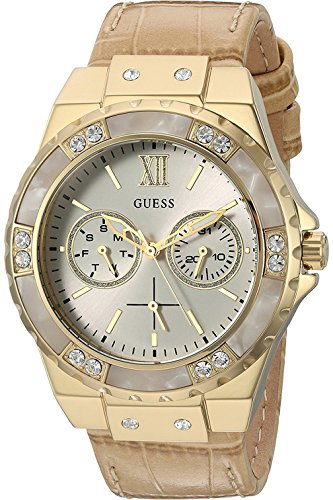 Guess Limelight Quartz Silver Dial Golden Leather Strap Watch For Women - W0775L2