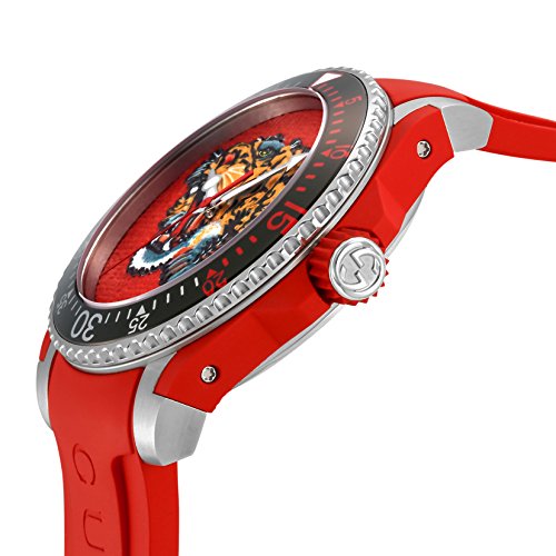 Gucci Dive Red Dial Red Emroidered Tiger Rubber Watch For Men - YA136315