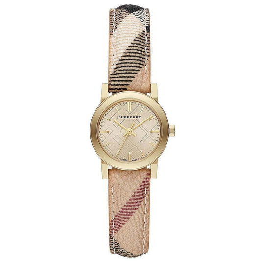 Burberry The City Gold Dial Haymarket Brown Leather Strap Watch for Women - BU9219