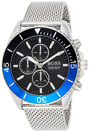 Hugo Boss Ocean Edition Black Dial Silver Mesh Strap Watch for Men - 1513742