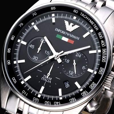 Emporio Armani Tazio Chronograph Team Italia Black Dial Silver Steel Strap Watch For Men - AR5983