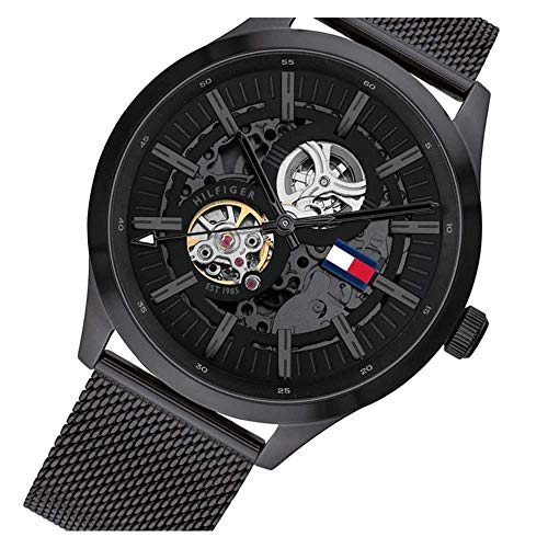 Tommy Hilfiger Spencer Skeleton Black Dial Black Mesh Bracelet Watch for Men - 1791644